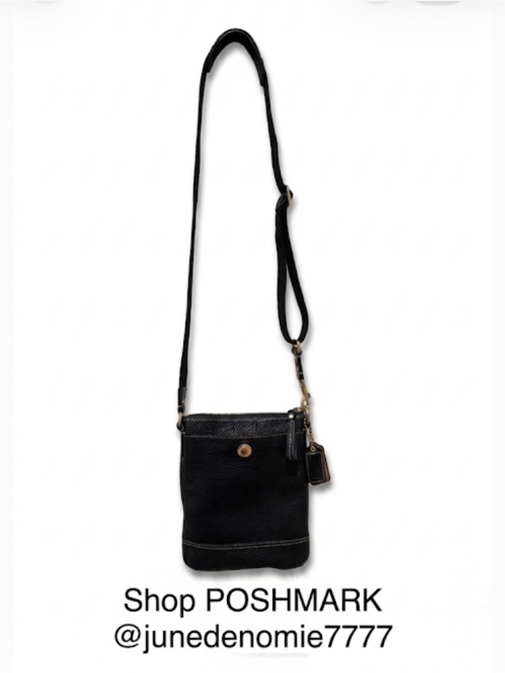 COACH-BLACK PEBBLED LEATHER, GOLD HARDWARE, LEATHER CHARM, & AUTHENTICATION TAG